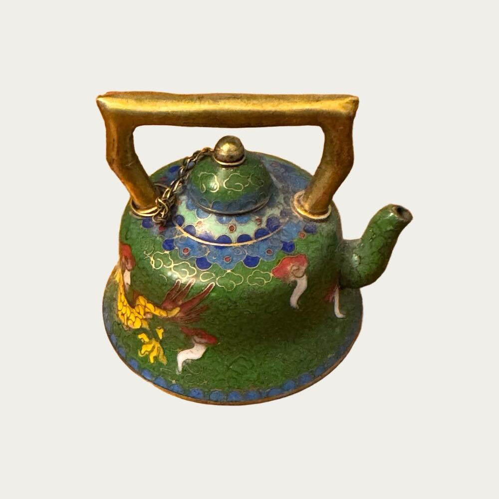 Vintage Cloisonné Brass & Enamel Miniature Teapot Drogon Motif Trinket Decor